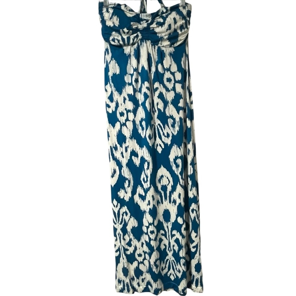 Soma Blue Off-White Print Maxi Dress Halter Tie Neck Women's Size‎ Medium